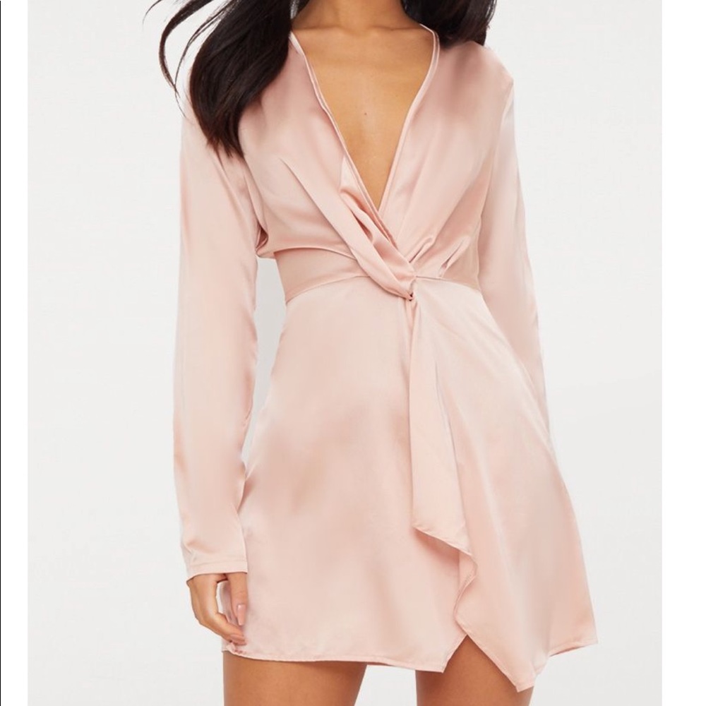 Pretty Little Thing Satin Long Sleeve Wrap Dress - Picture 1 of 3